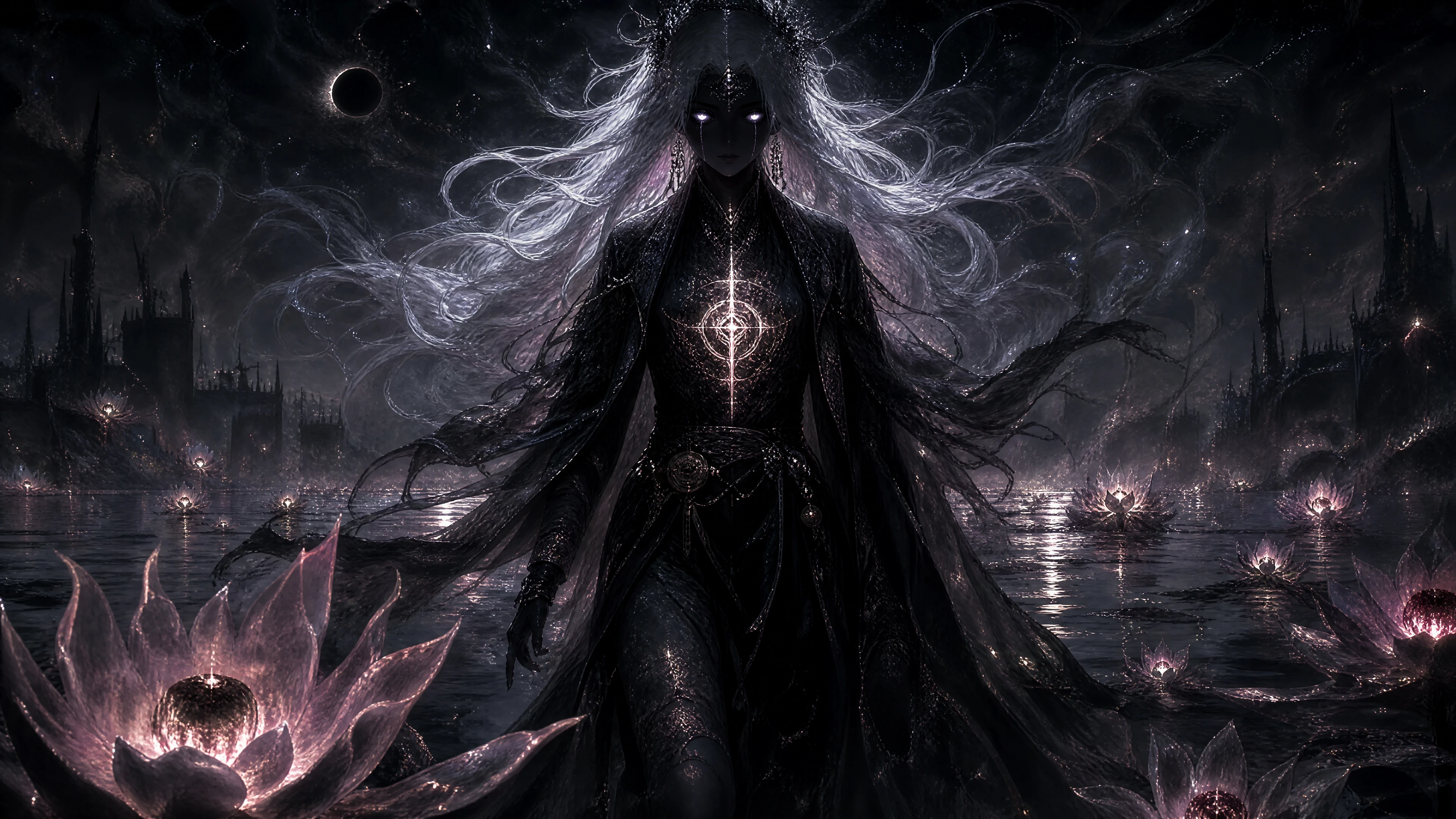 Hechicera misteriosa que emerge de las sombras en un mundo oscuro