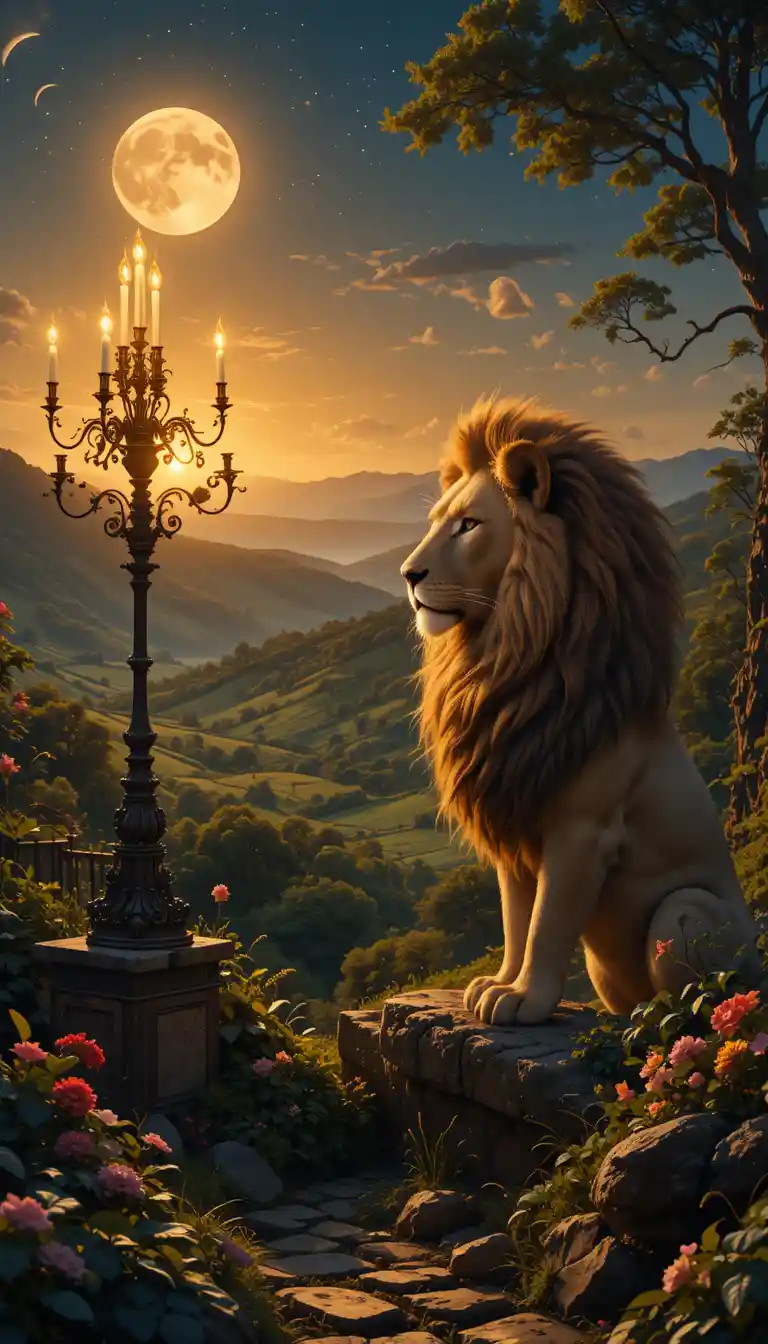 Majestic lion in a peaceful candlelit countryside night scene