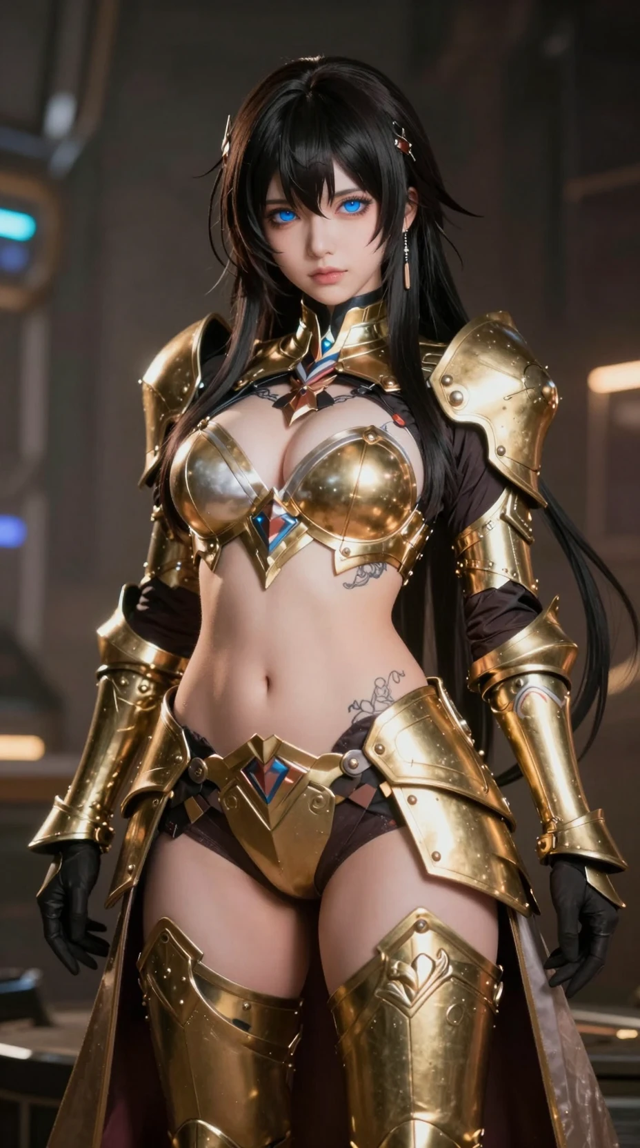 Guerrera de anime de ojos azules con armadura sci-fi dorada