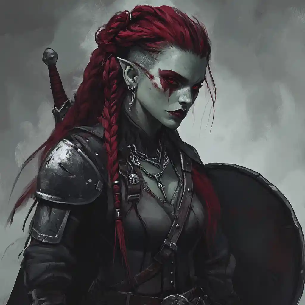 Dark orc cleric woman with shield and dagger
