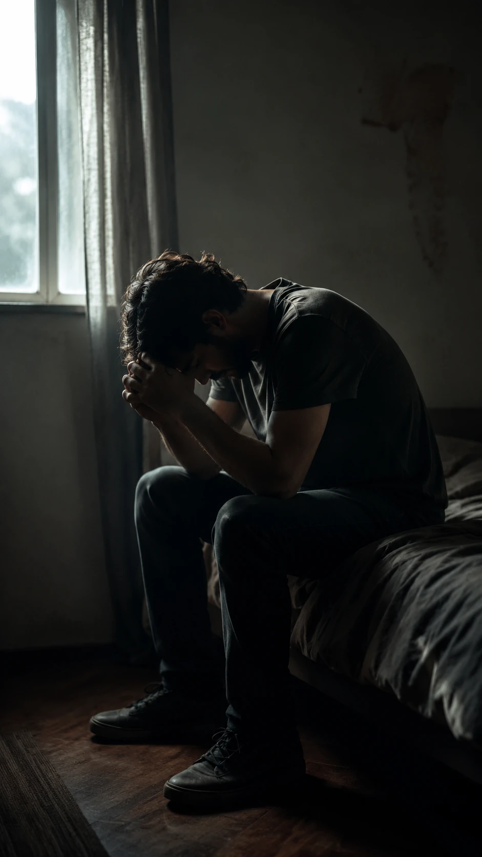 Mann sitzt allein in einem dunklen Zimmer am Fenster