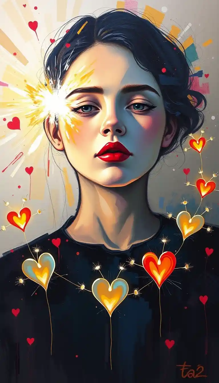 Joven irradiando amor luminoso en pintura abstracta