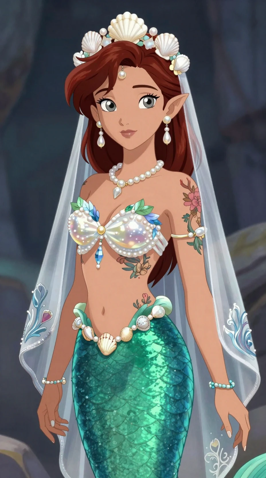Elegant mermaid girl with emerald tail and sea shell crown