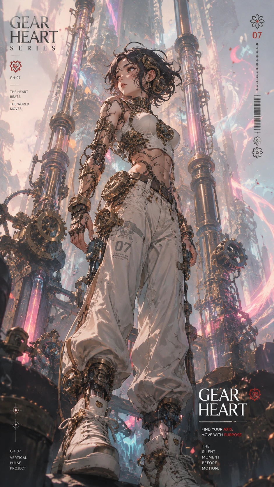 Mujer neo steampunk enmarcada por tubos verticales y neblina de neón