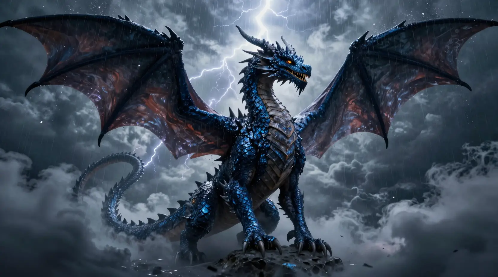 Midnight dragon emerging from storm clouds with lightning