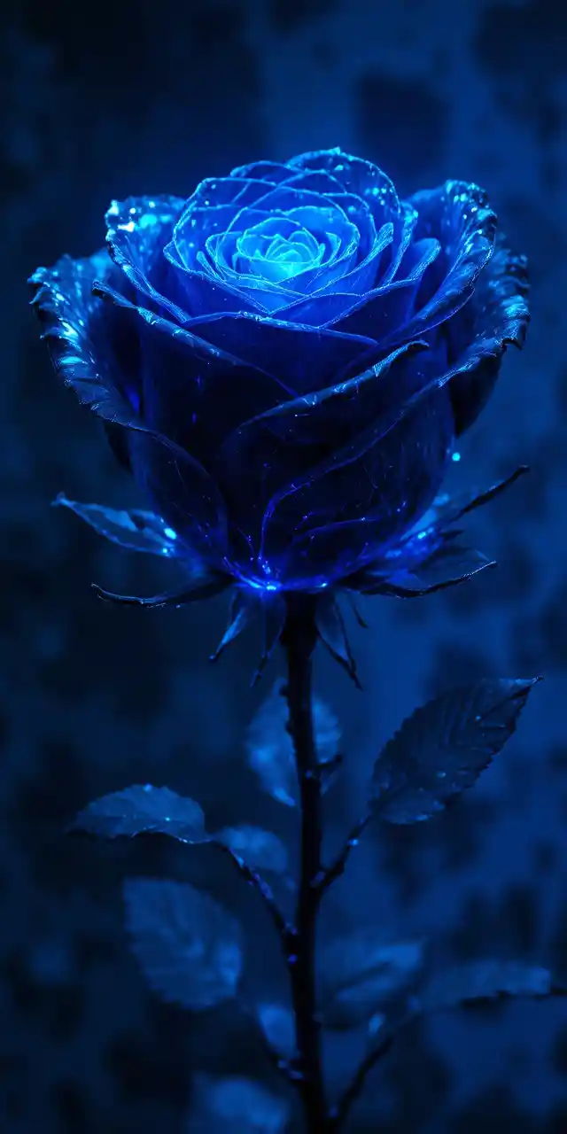 Black glass rose glowing with eerie blue digital light