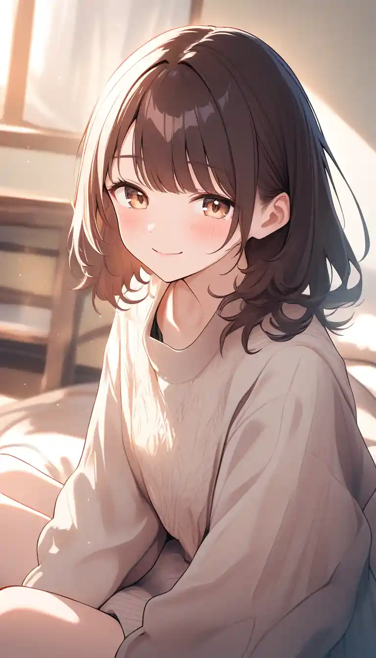 Smiling young woman relaxing in a cozy sunlit room