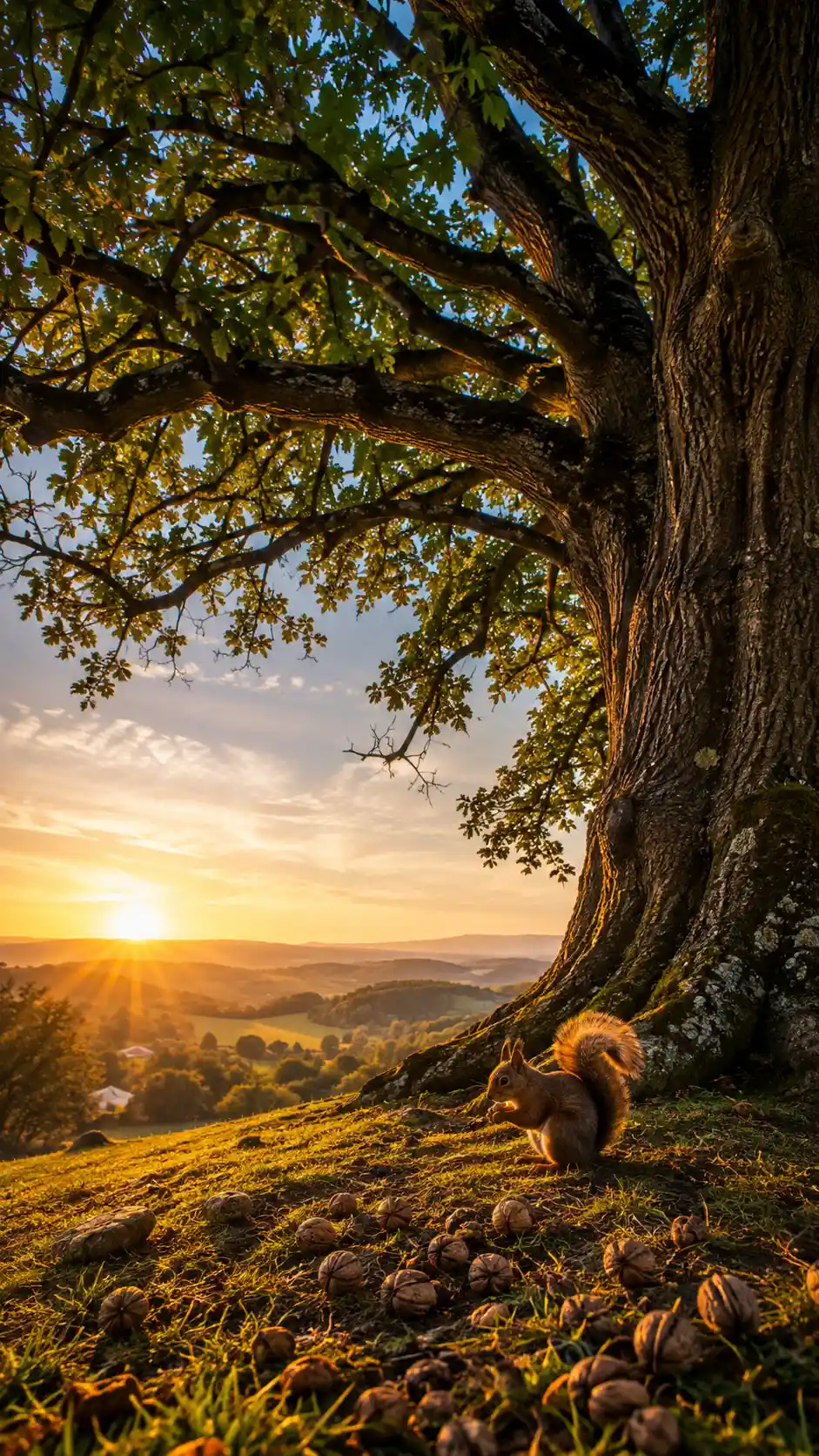Einsamer Baum auf einem Hügel bei Sonnenaufgang mit einem Eichhörnchen