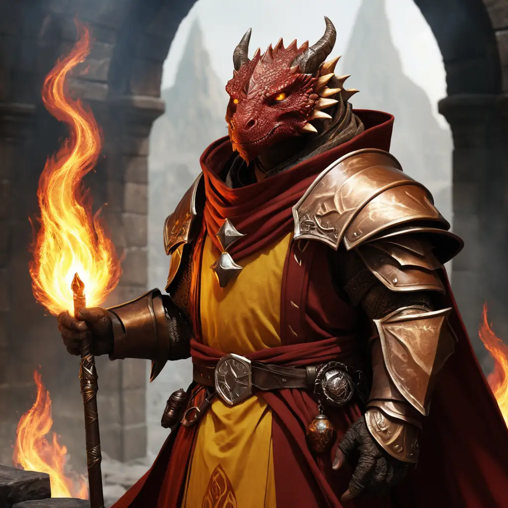 Red scaled dragonborn cleric casting bright fire magic