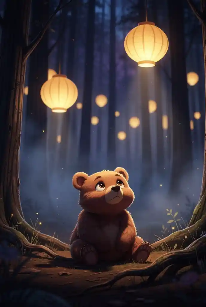 Cute brown bear under glowing lanterns in dark forest