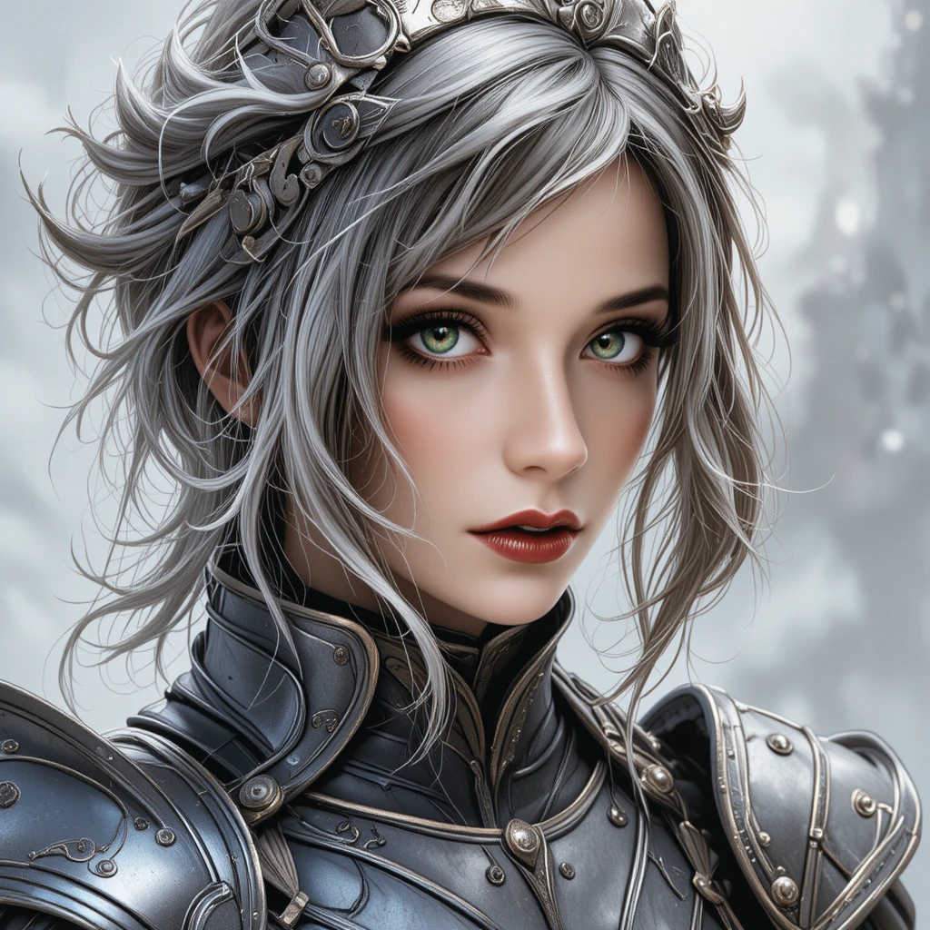 Guerrera de cabello plateado con armadura ornamentada