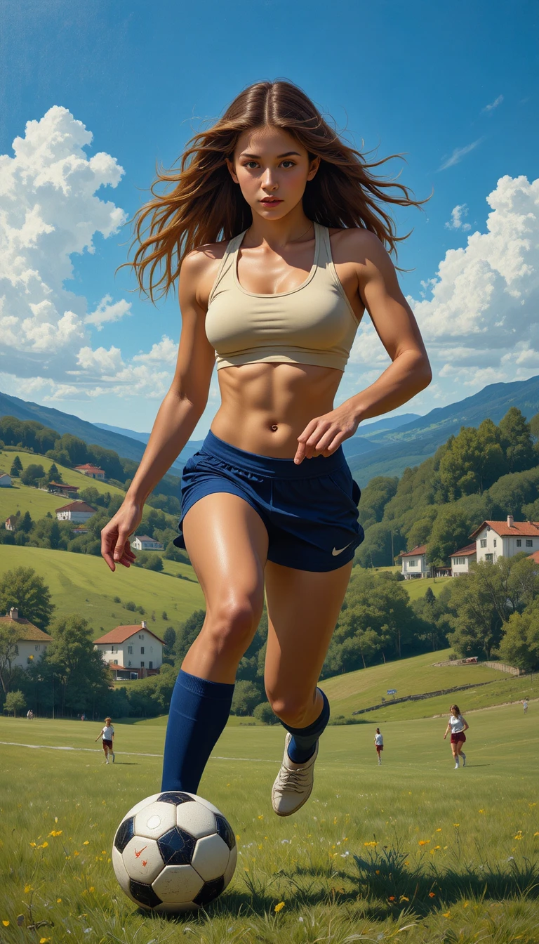 Chica atlética conduciendo un balón de fútbol en un campo rural