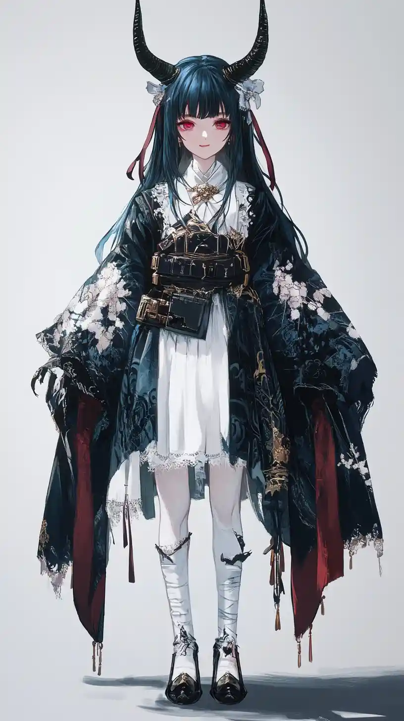 凝ったファンタジーストリート衣装の黒髪アニメ少女