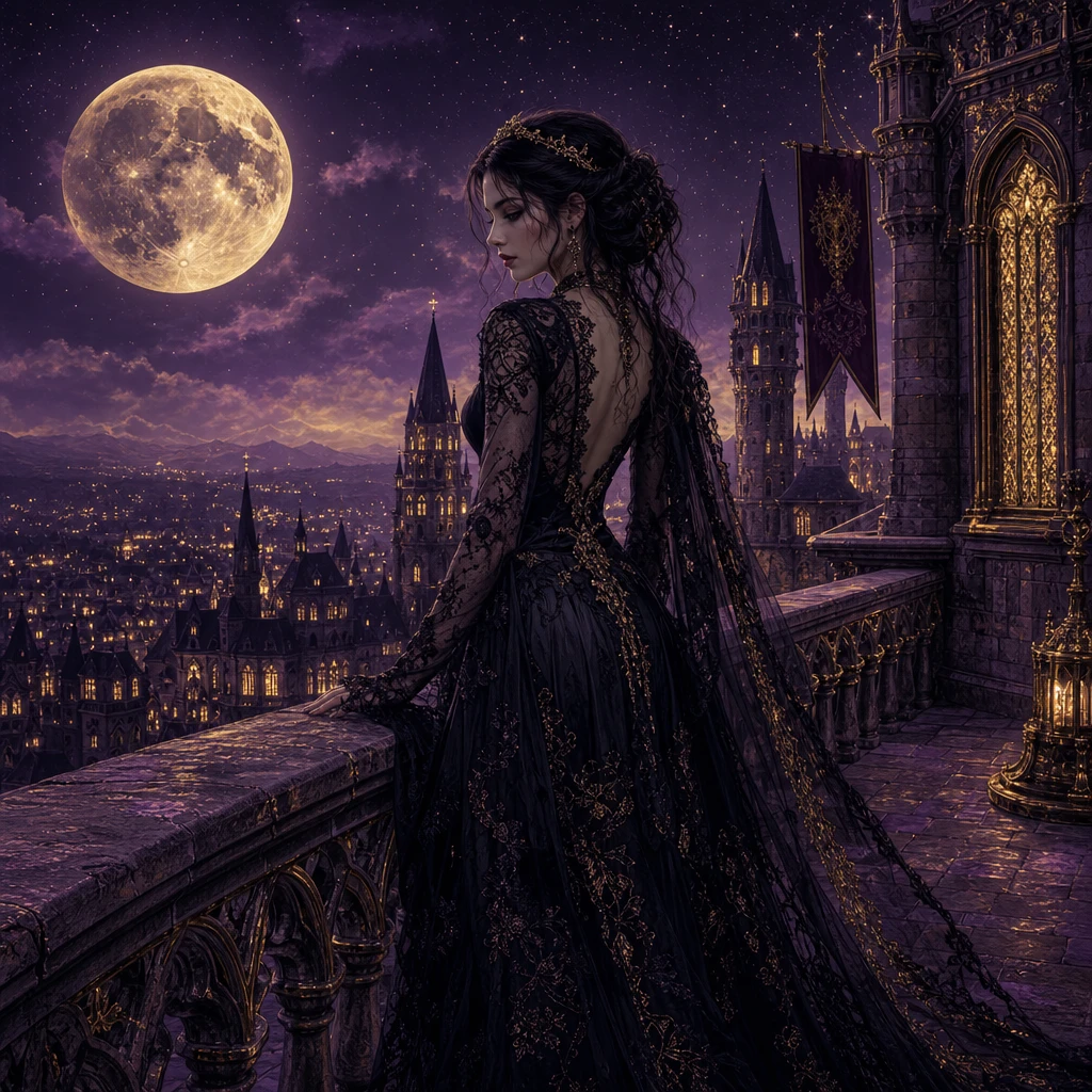 Mujer mística en el balcón de un castillo gótico a la luz de la luna