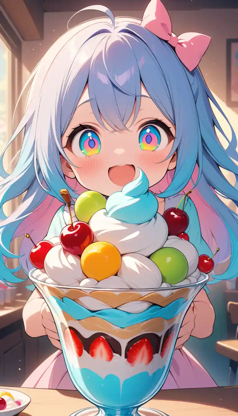 Cute anime girl amazed by a giant overflowing ice cream sundae