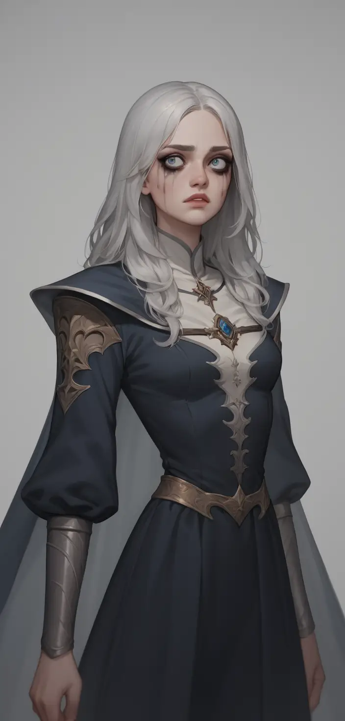 Sorrowful elven woman in dark tones against grey void