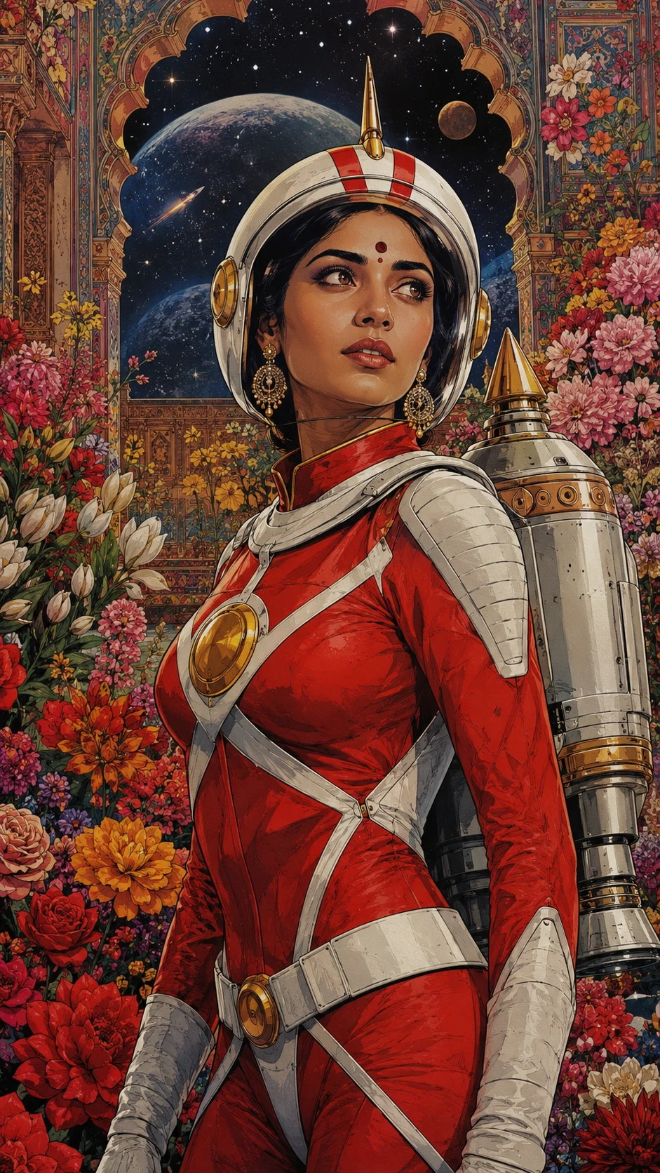 Mujer india con armadura espacial roja y blanca flotando en el espacio