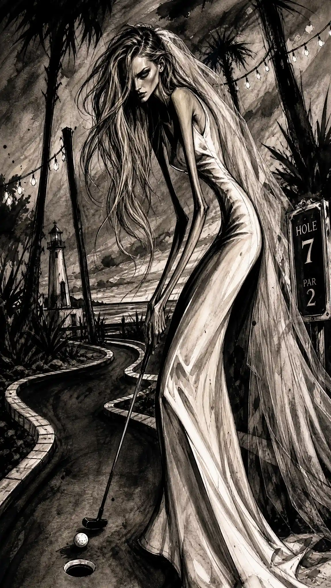 Angular ink drawing with distorted gothic chiaroscuro drama