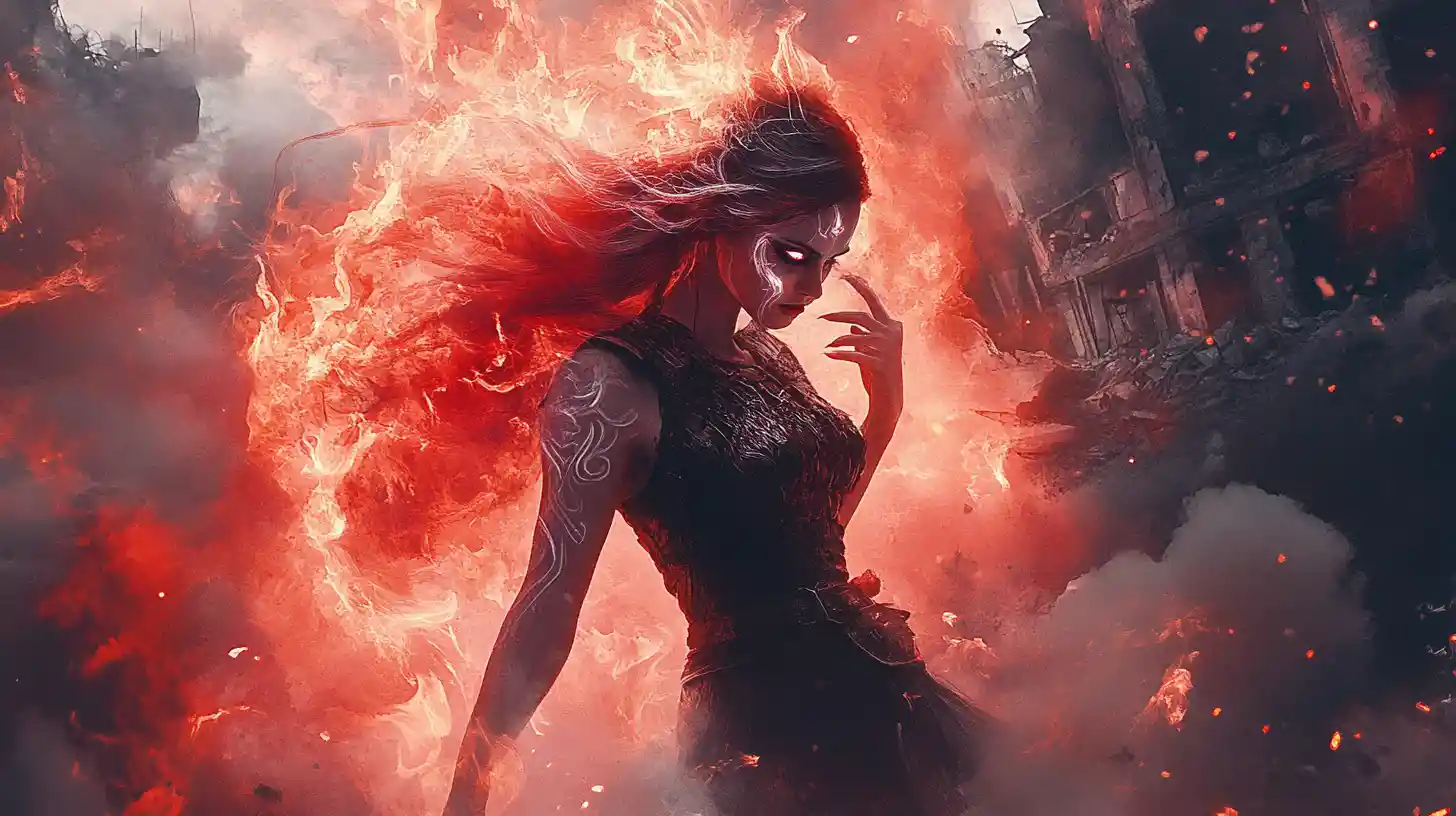 Hechicera mística bailando entre ruinas bajo un resplandor apocalíptico de fuego