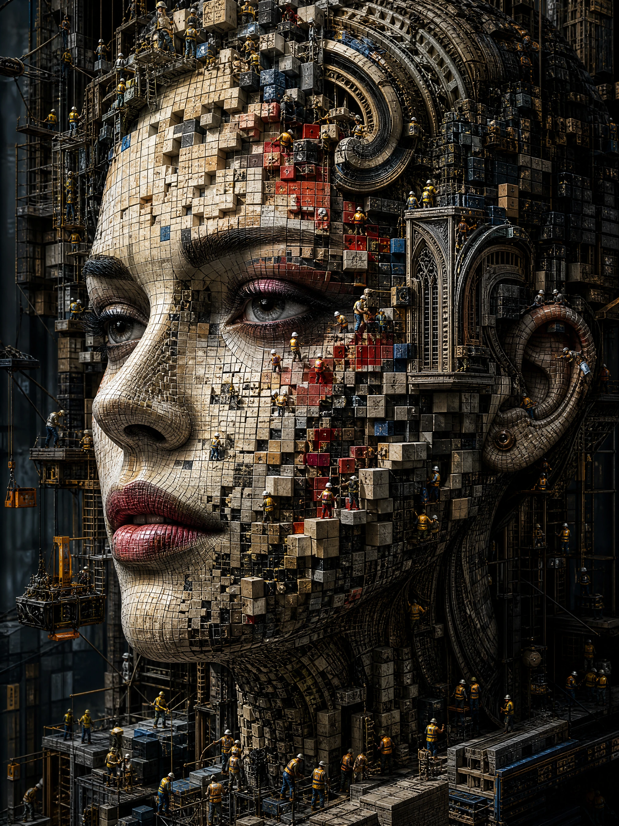 Surreal cubic female face built by tiny workers