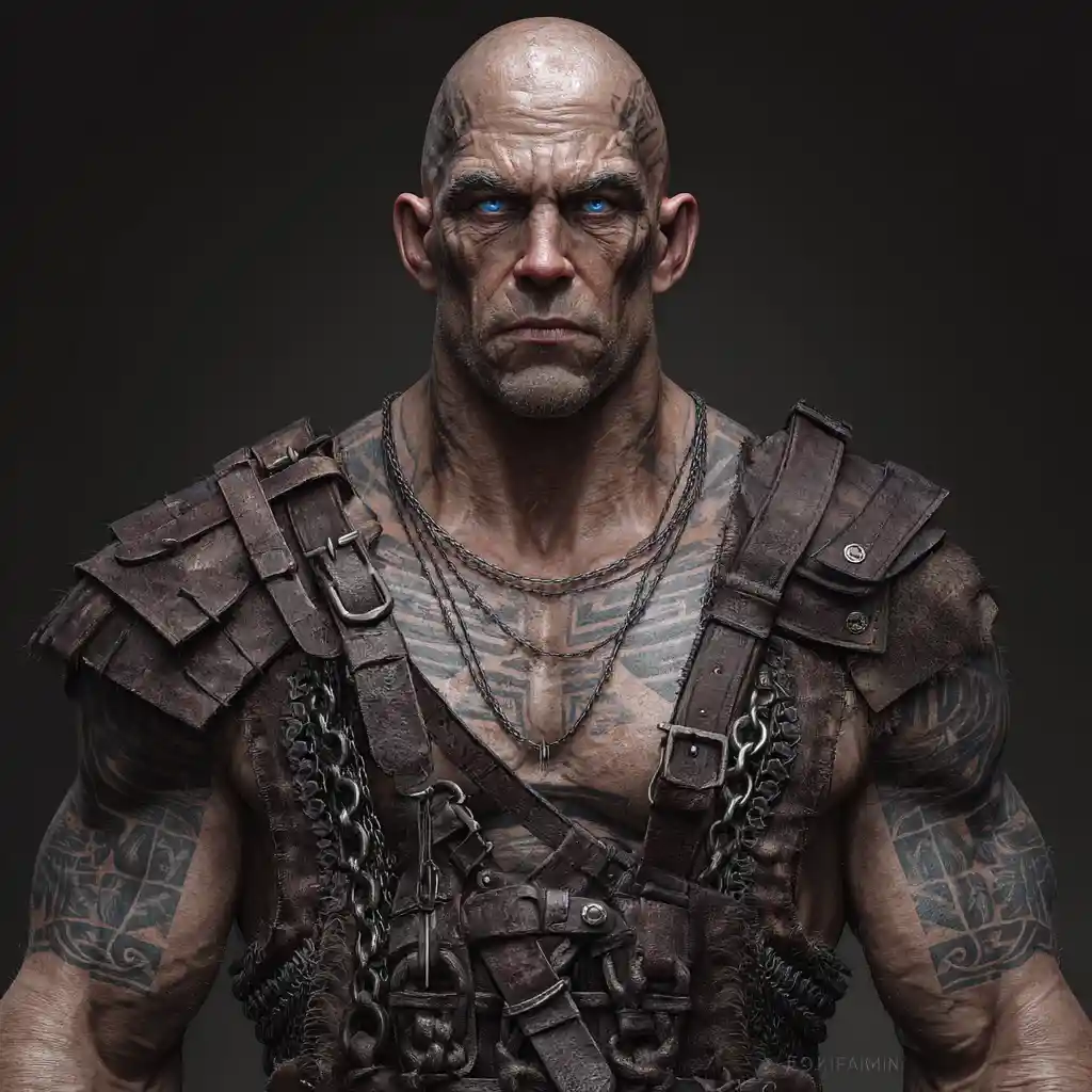 Bald goliath warrior with tribal tattoos and chainmail