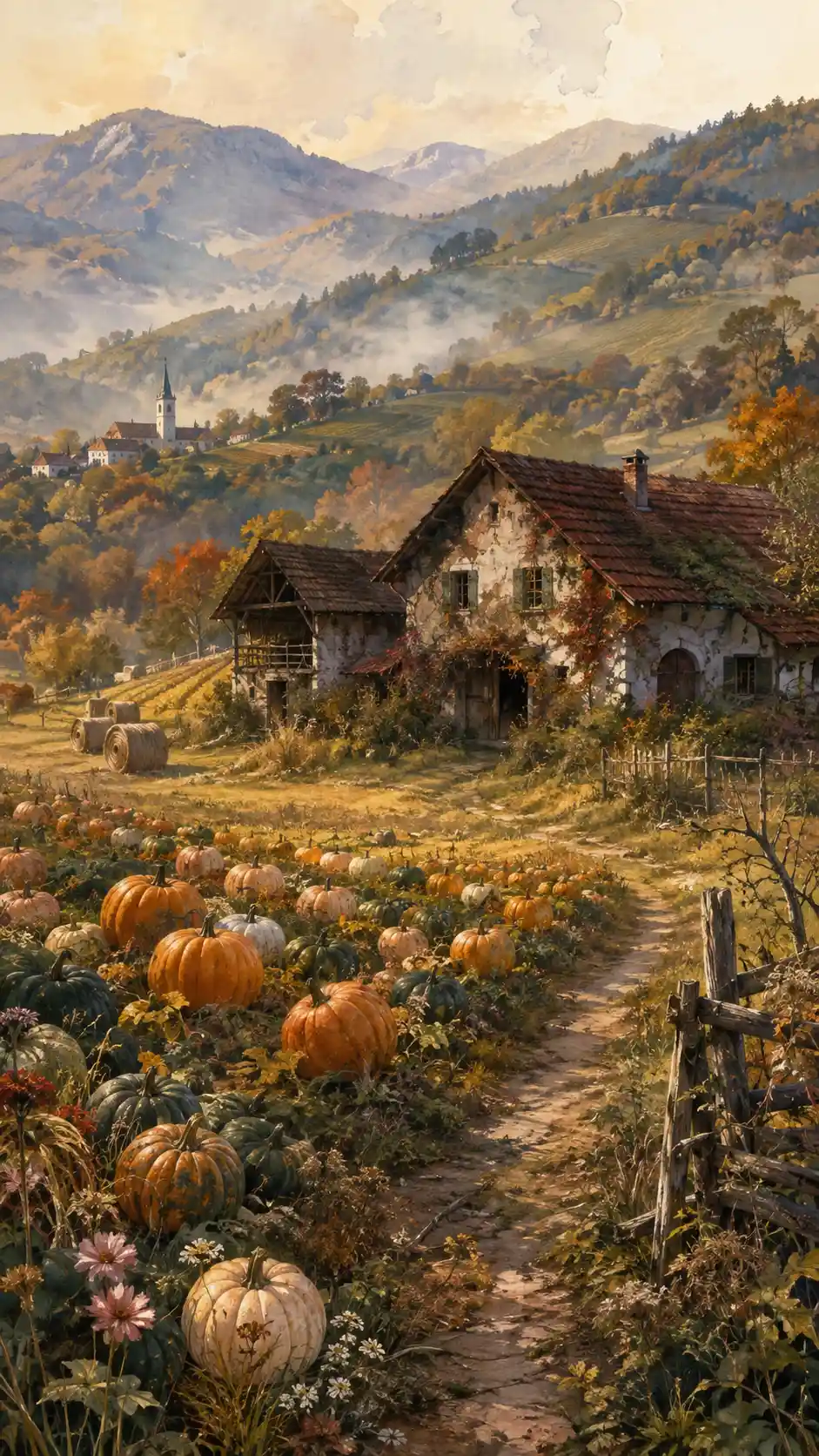 Kürbisfeld auf dem slowenischen Land bei goldenem Herbstabend