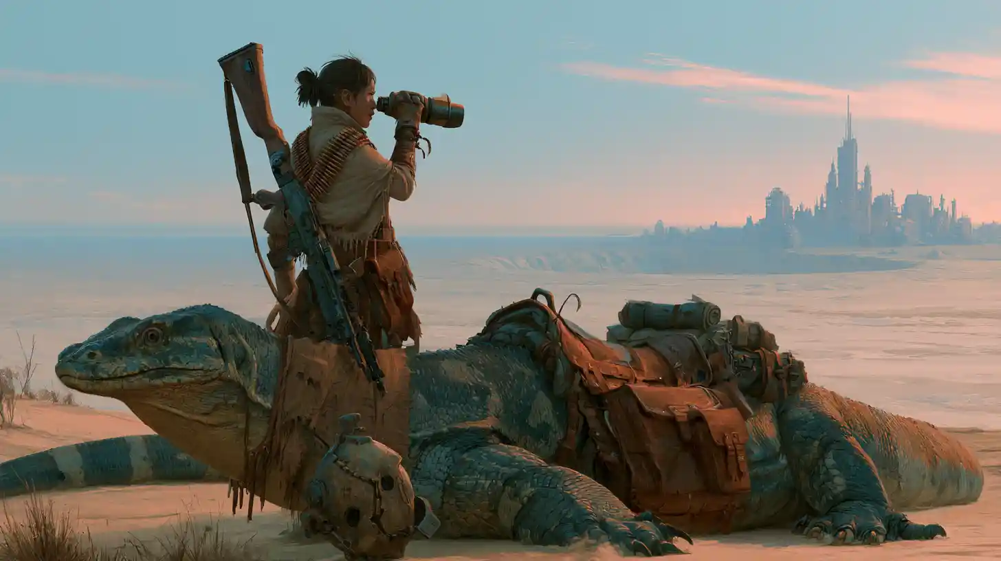Armed survivor woman with lizard mount in ruined wasteland