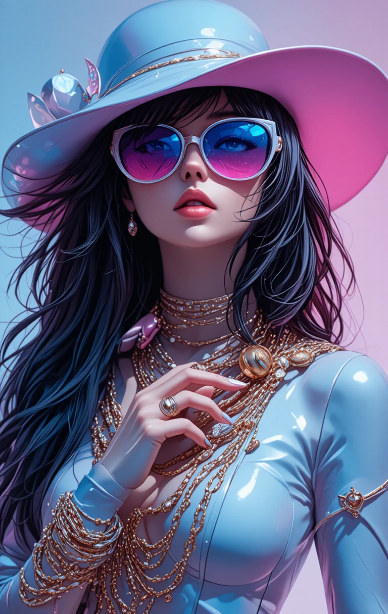 Mujer de moda futurista en colores pastel con joyería dorada