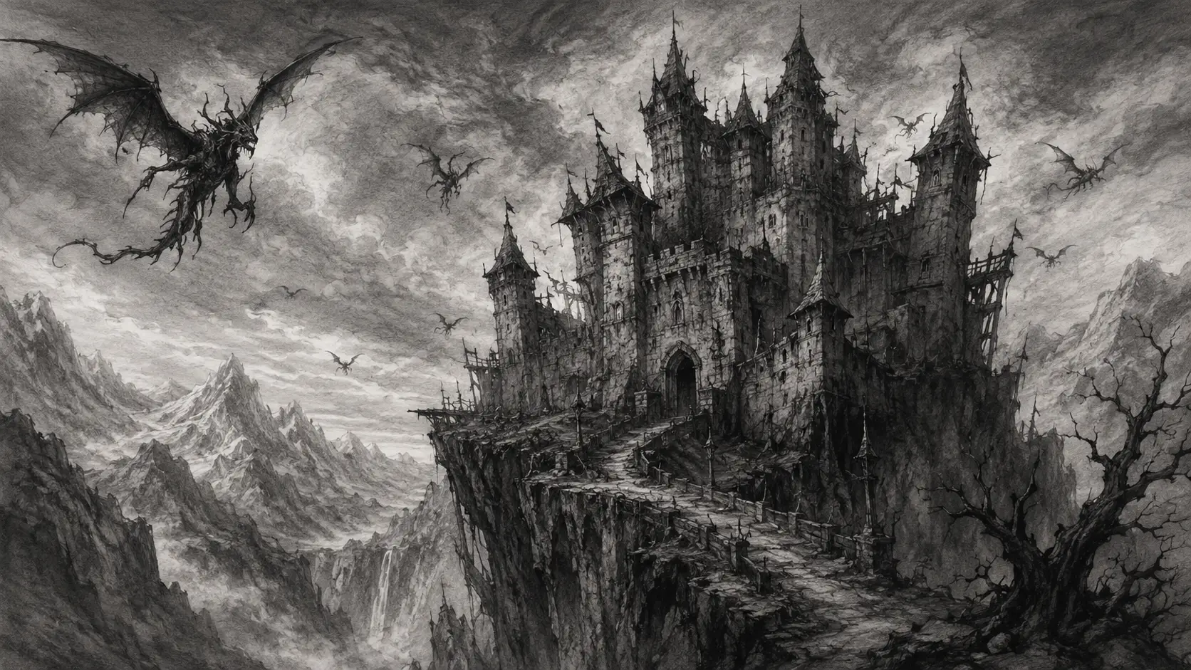 Ancient crooked wizard castle perched on a mountain cliff