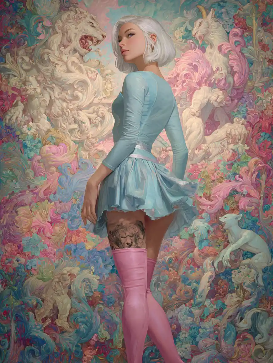 Mujer elegante con falda pastel y tatuaje de leona en la espalda