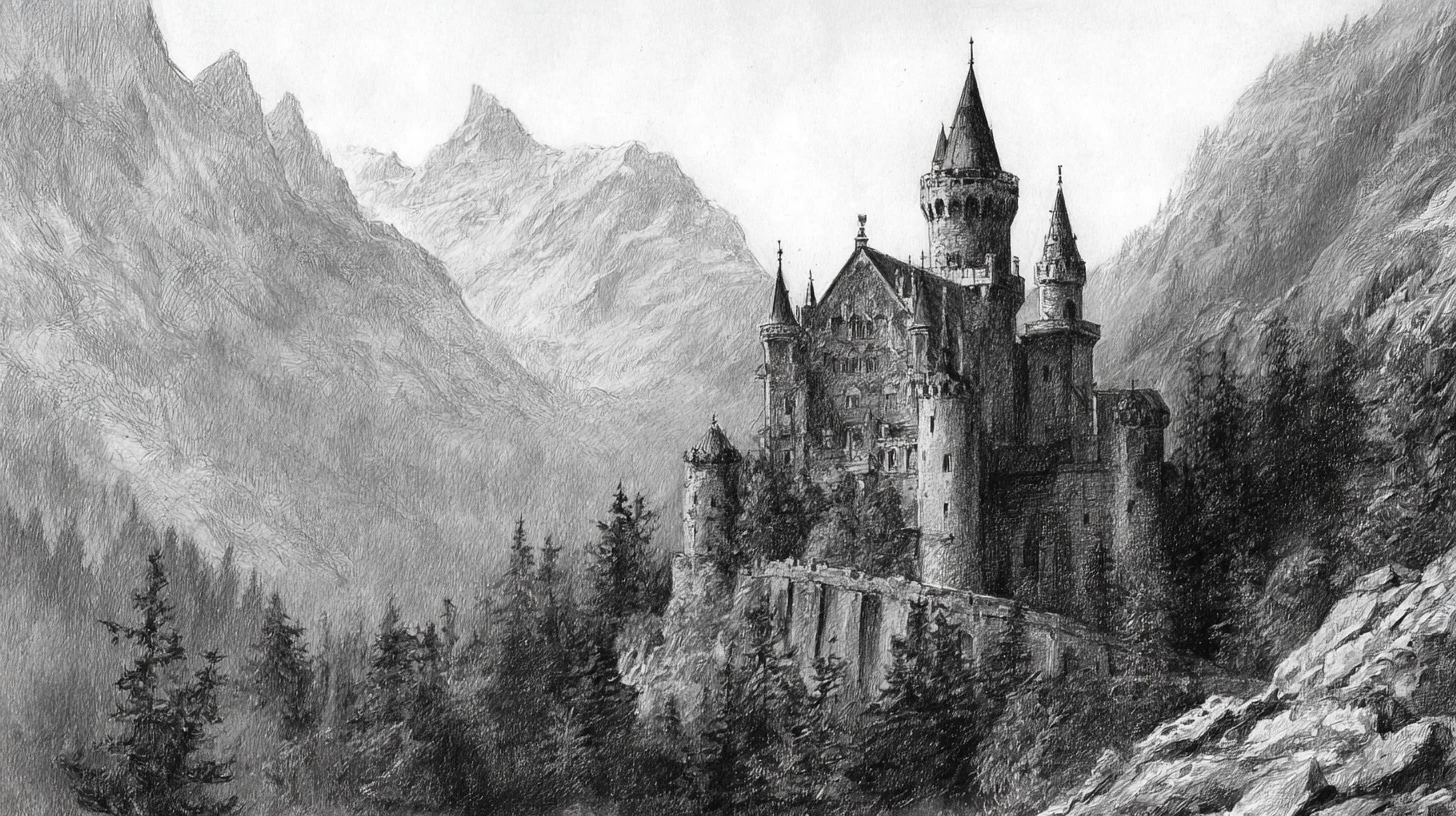 Dibujo a carboncillo de un castillo medieval en un acantilado