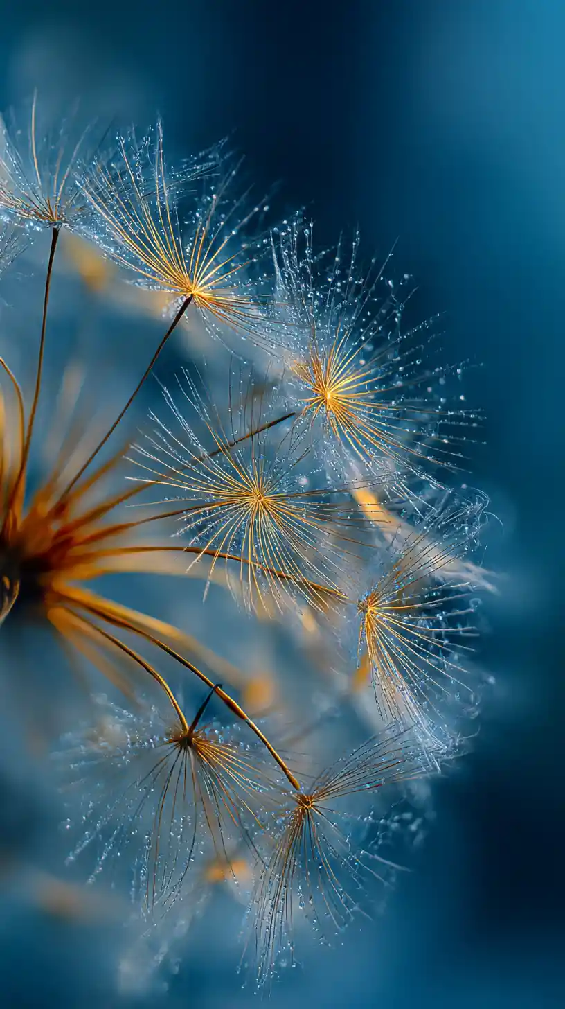 Blau-goldene Pusteblumensamen im sanften Licht