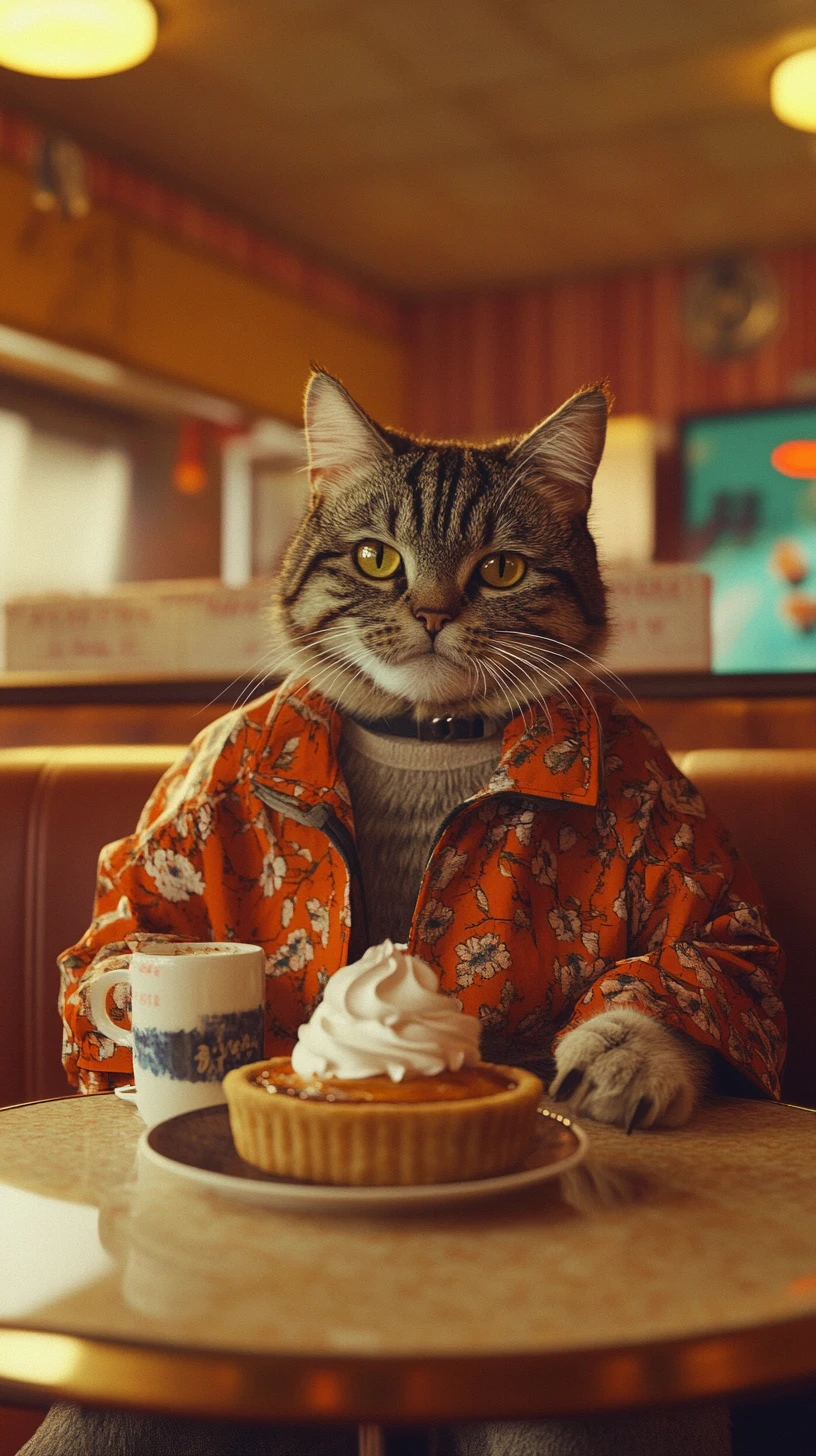 Gato antropomórfico en un restaurante de montaña retro durante un descanso de esquí