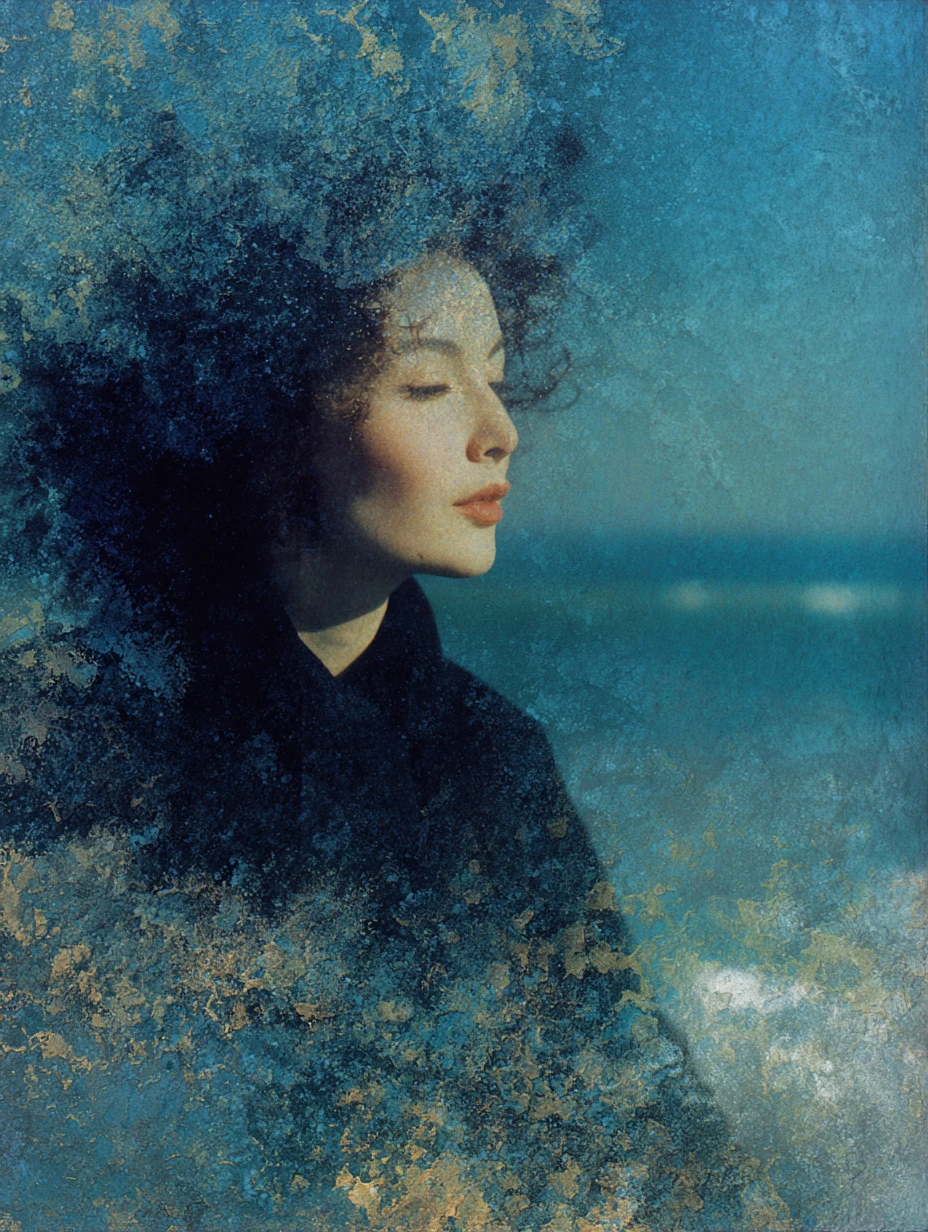 Mujer madura surrealista que teje flores a partir de las olas del mar Báltico