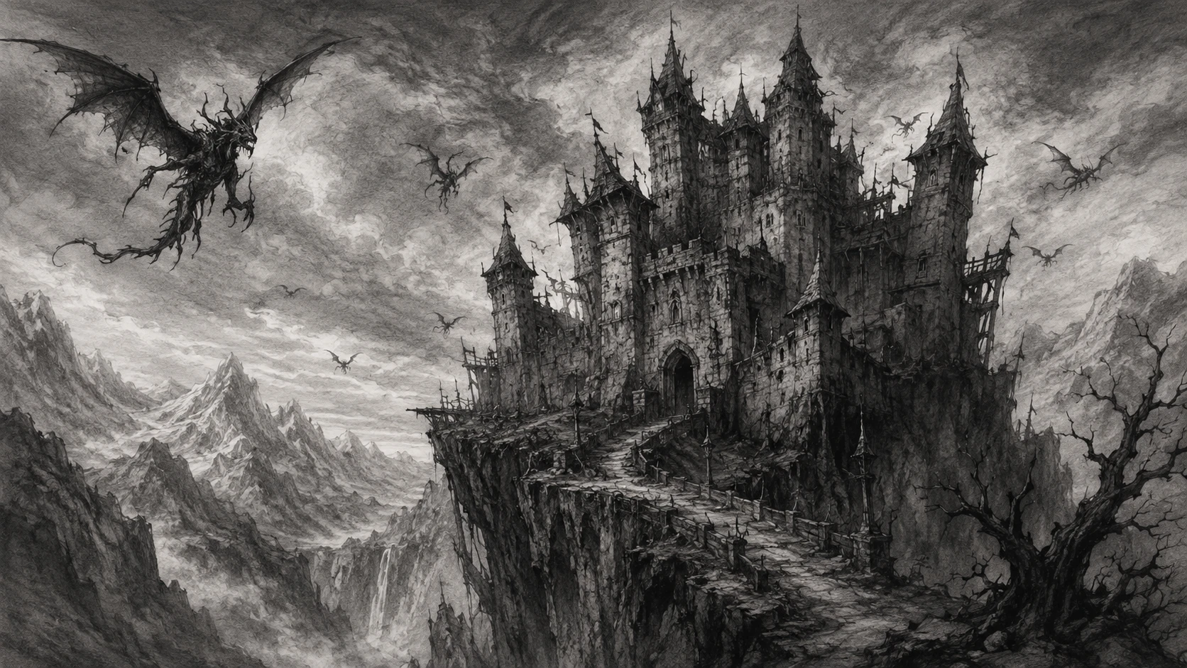 Ancient crooked wizard castle perched on a mountain cliff