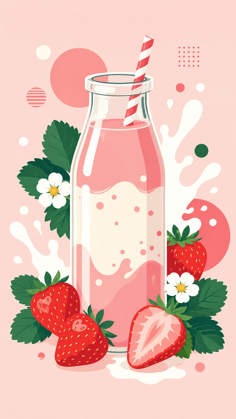 Strawberry milk bottle with playful fruit and abstract splashes