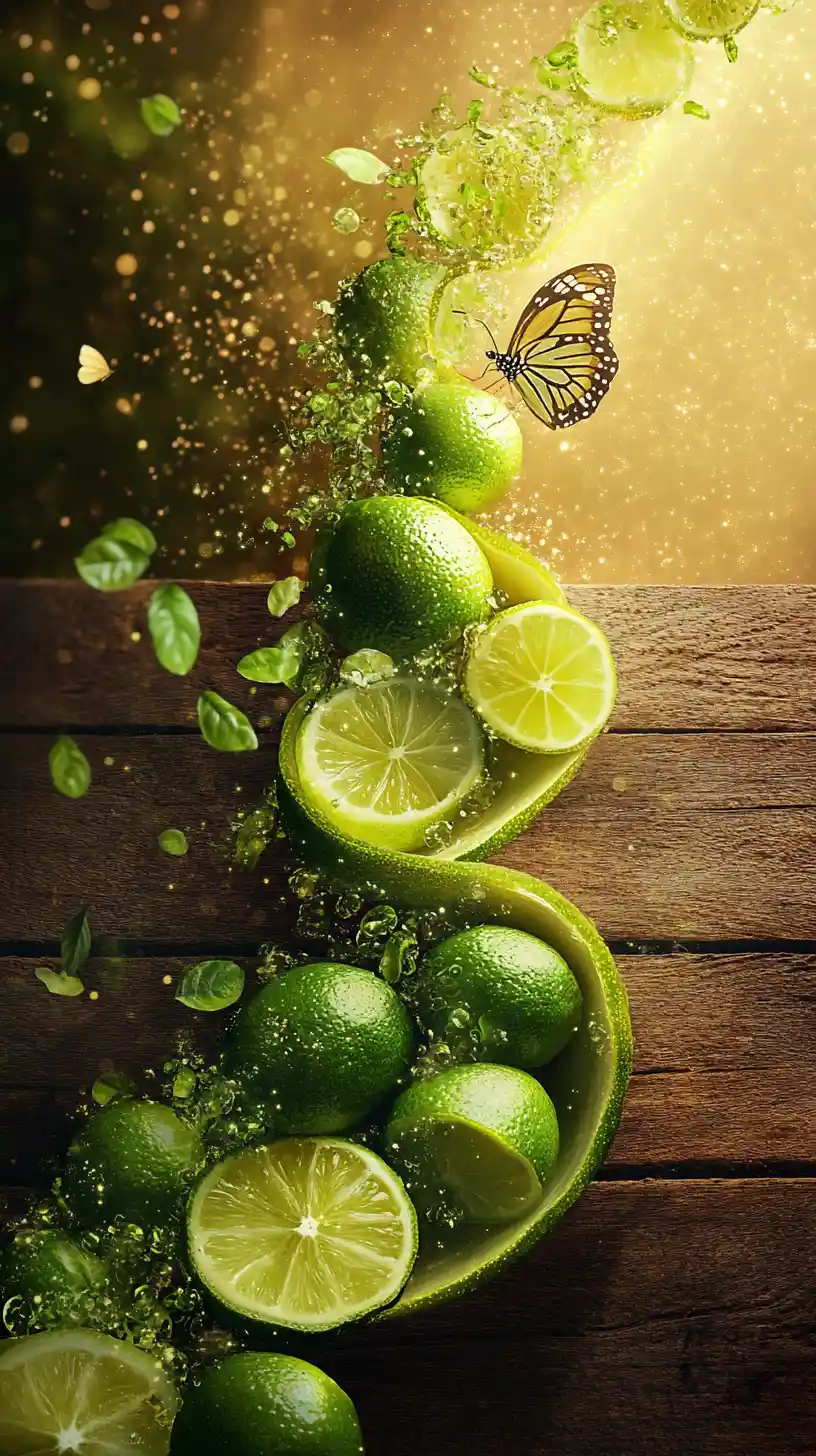 Surreal Wave Of Limes With Butterfly In Golden Light