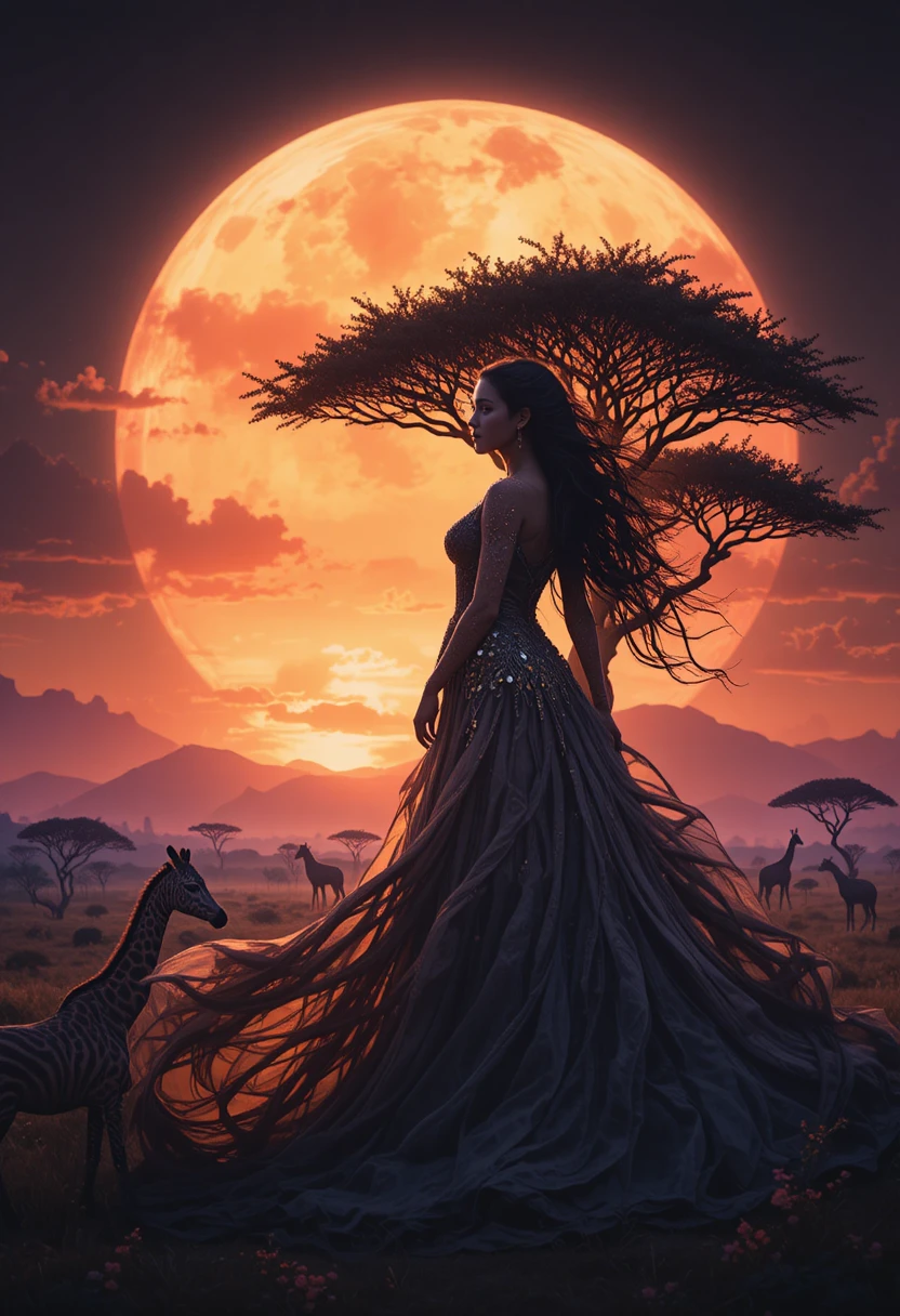 Donna mistica che si fonde con le silhouette del tramonto nella Serengeti