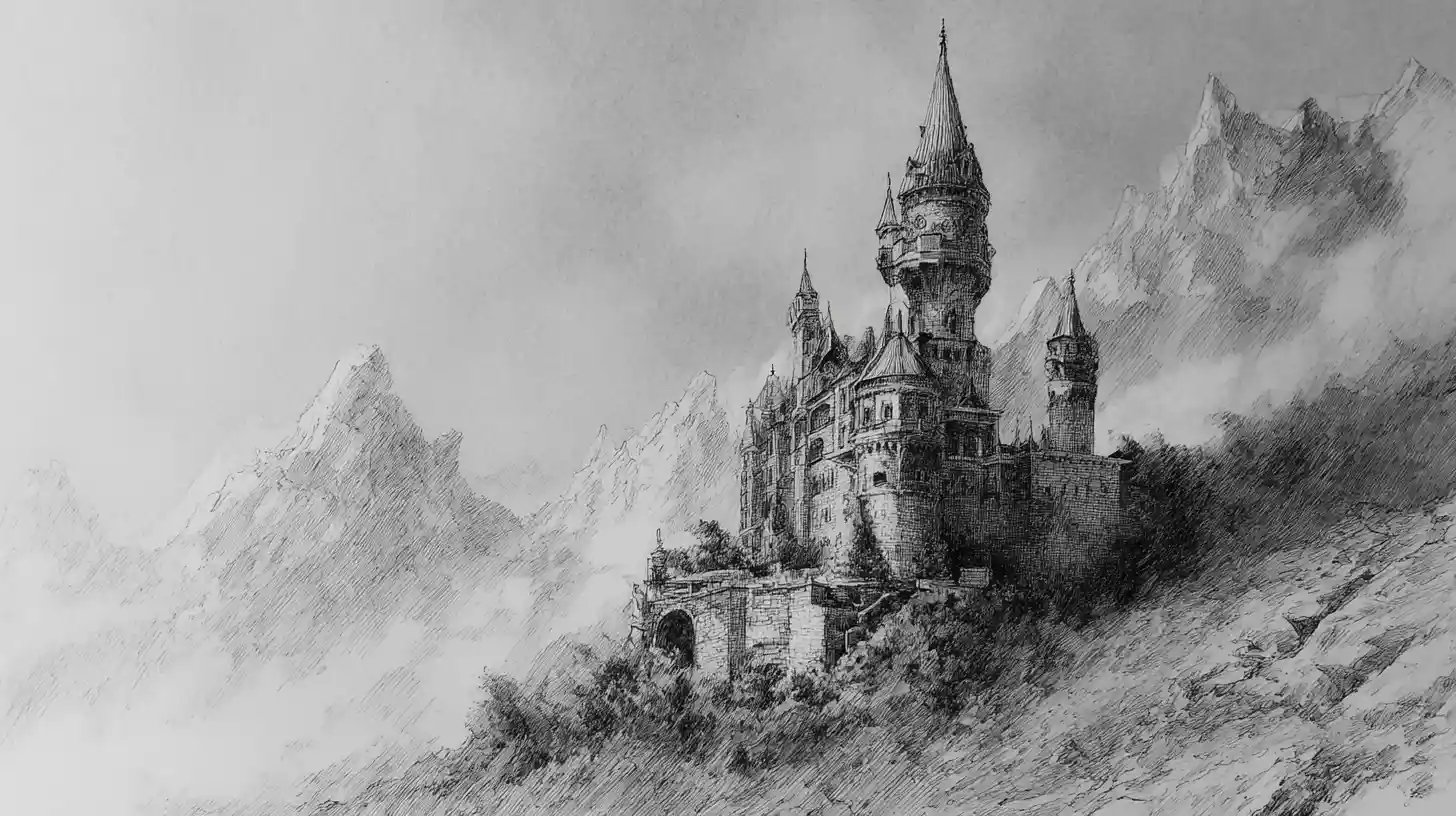Boceto a carboncillo de un castillo medieval torcido en un acantilado