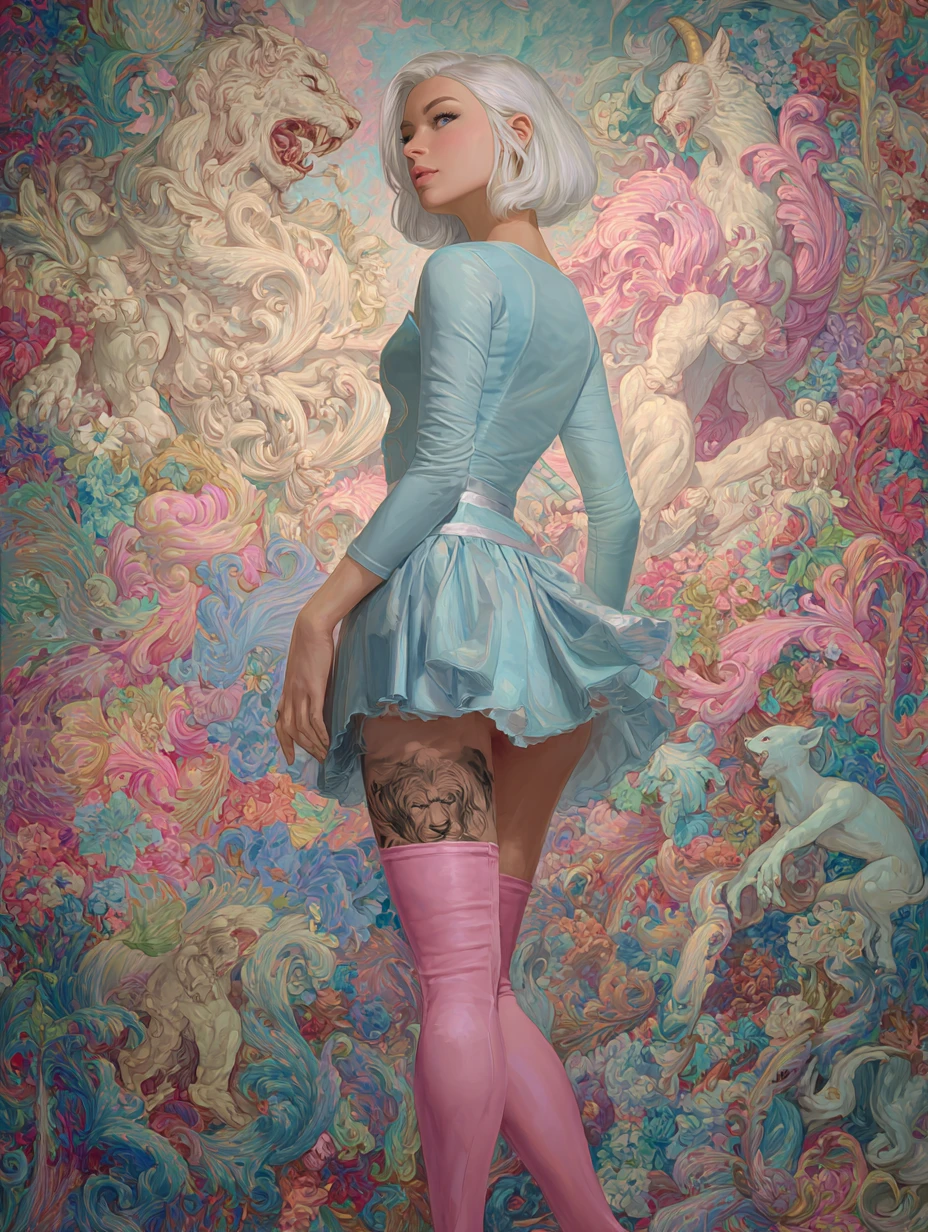 Mujer elegante con falda pastel y tatuaje de leona en la espalda