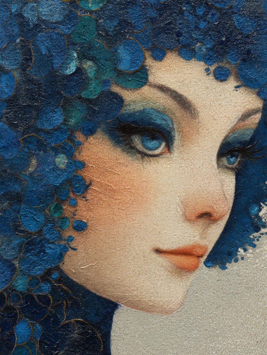 Mujer surrealista sonriente que teje flores a partir de olas del mar
