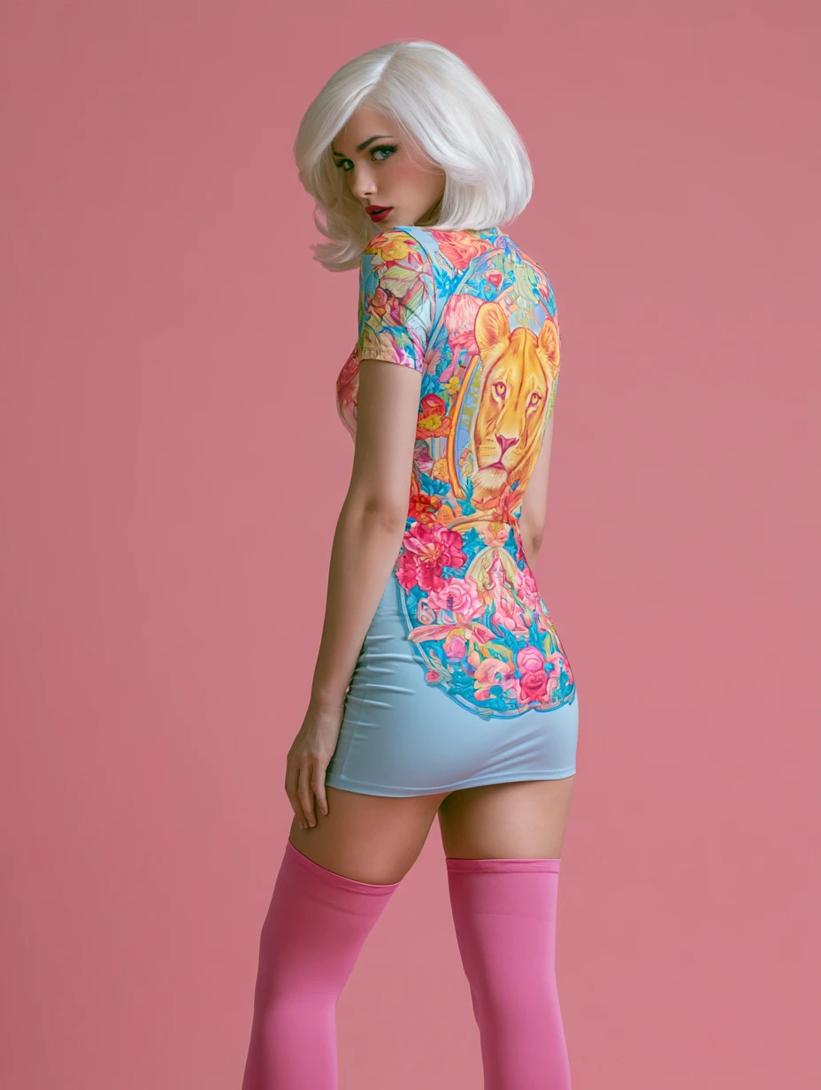 Mujer elegante con falda pastel y tatuaje de leona en la espalda