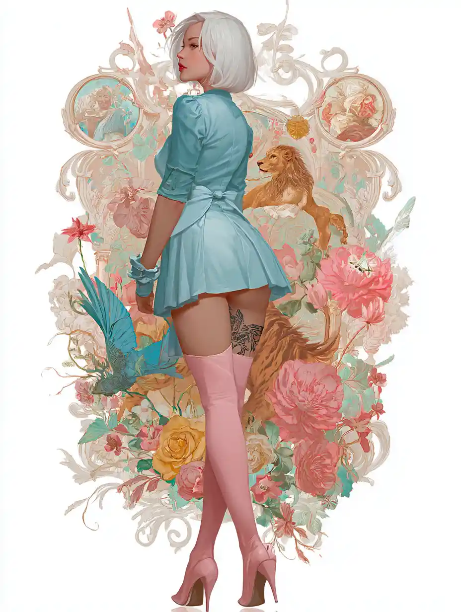 Elegant woman in pastel skirt with lioness tattoo in rococo style