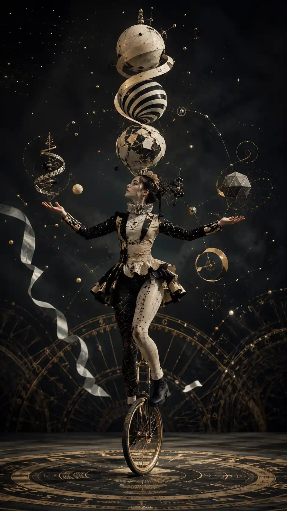 Surreal performer balancing spirals spheres and geometric ribbons