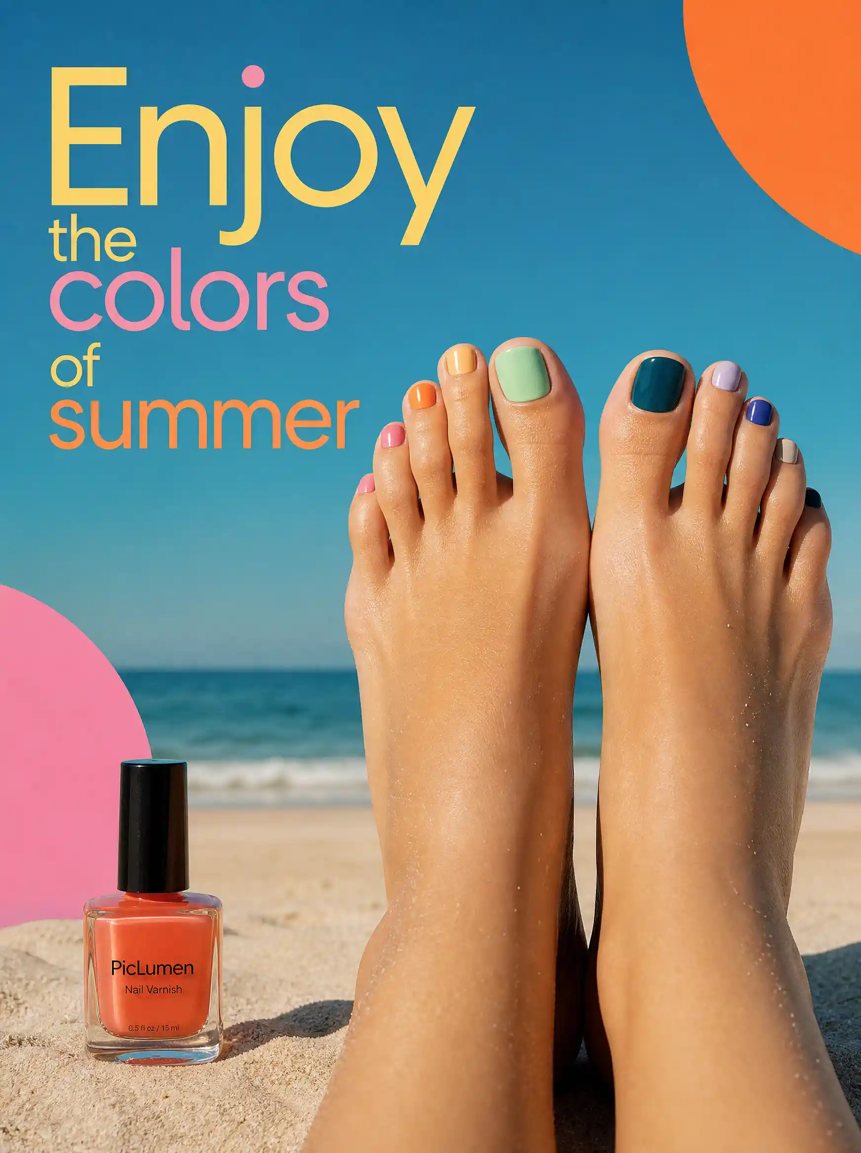 Colorful female feet with nail polish on a sandy beach