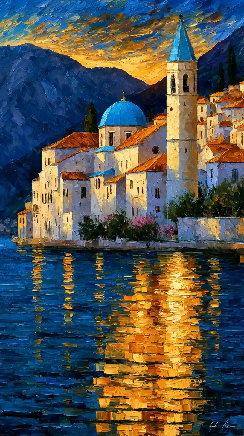 Mediterranean lakeside village glowing in sunset impasto painting