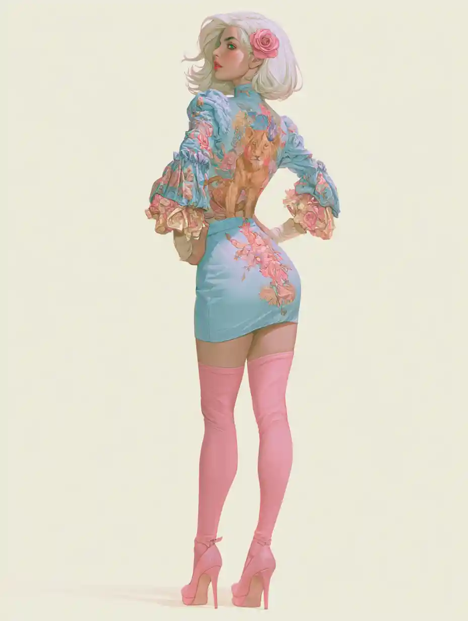 Elegant woman in pastel skirt with lioness back tattoo