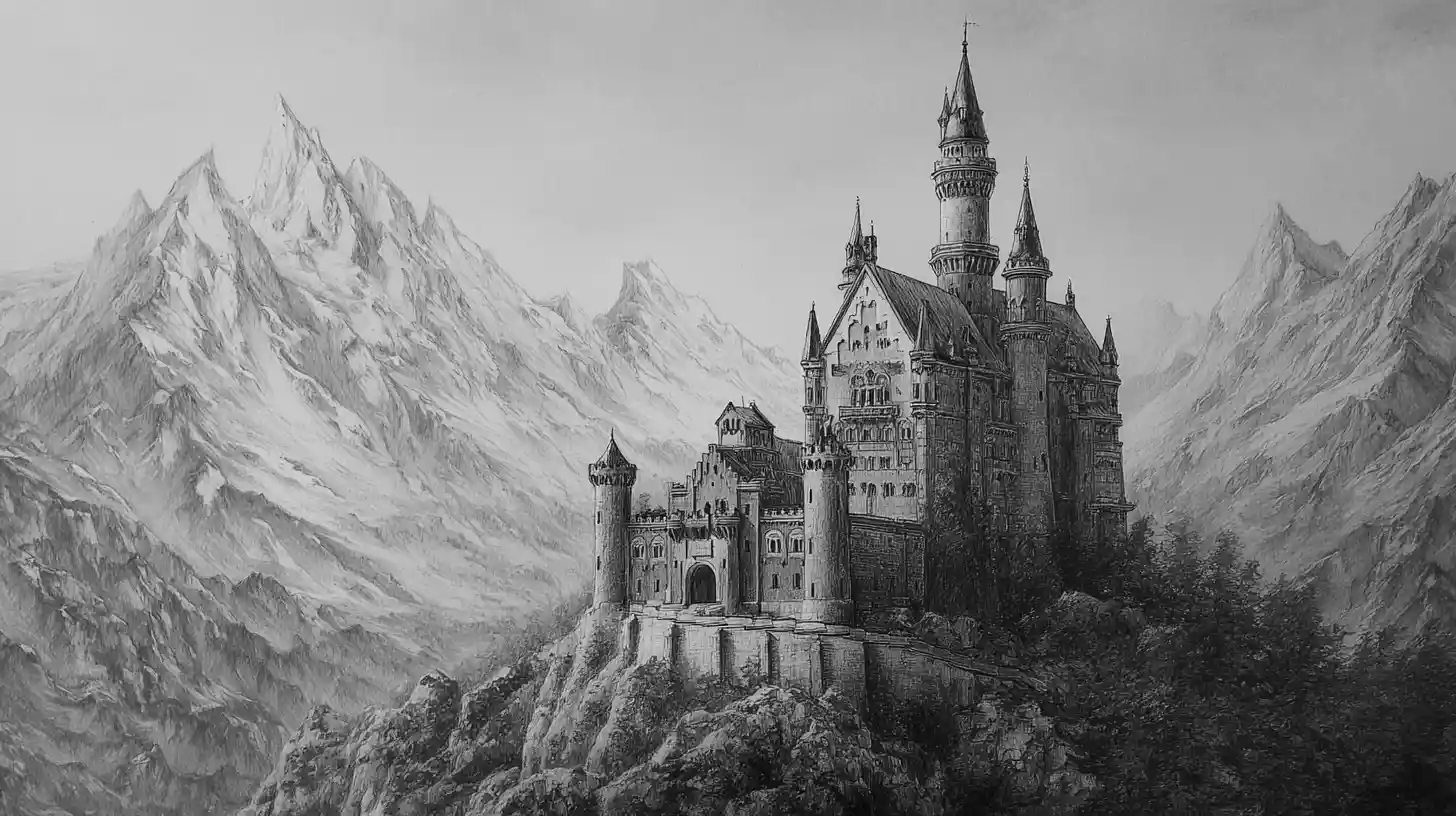 Charcoal sketch of a medieval wizard castle on a cliff