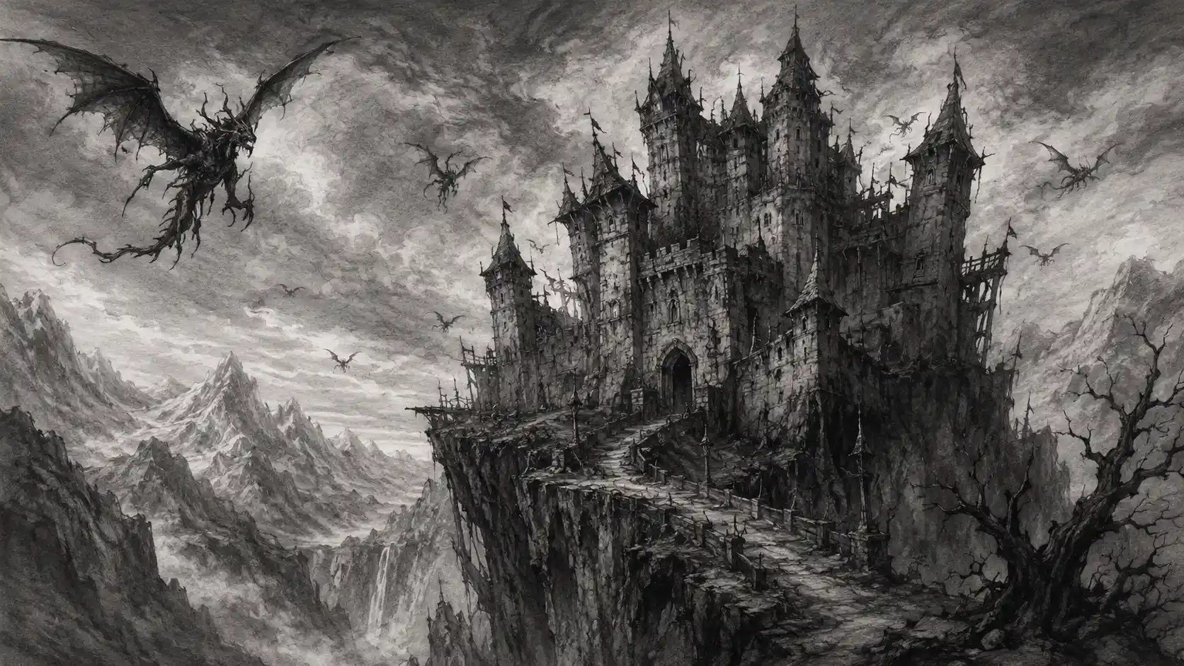 Ancient crooked wizard castle perched on a mountain cliff