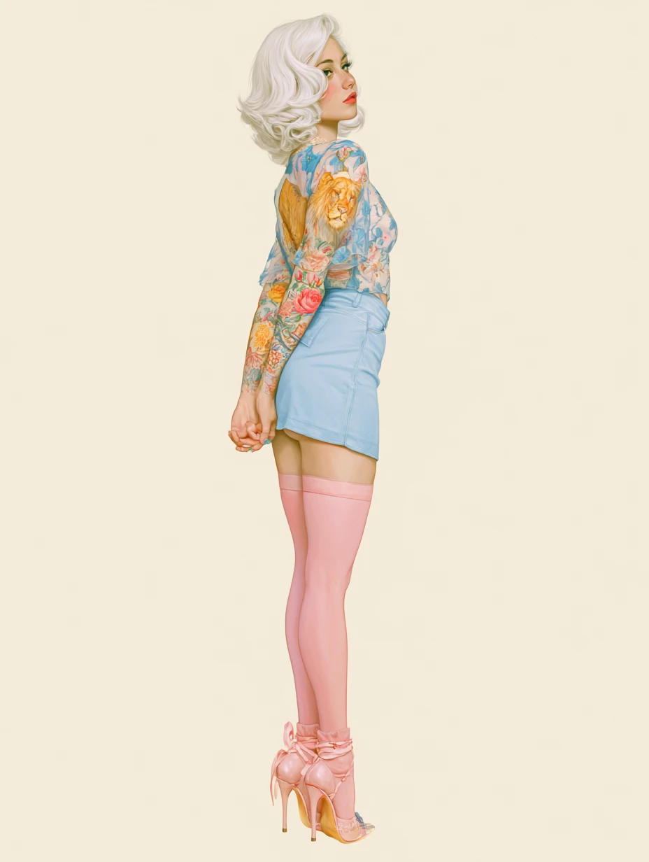 Mujer elegante con falda pastel y tatuaje de leona en la espalda